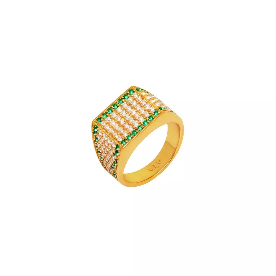 цена VIVA LA VIKA Кольцо Green Square Signet Ring - Gold