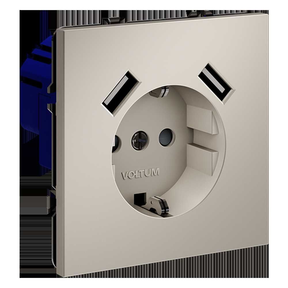 Розетка встраиваемая Voltum S70 с заземлением и защитными шторками, 16А, с USB, A+A, (кашемир) VLS040403