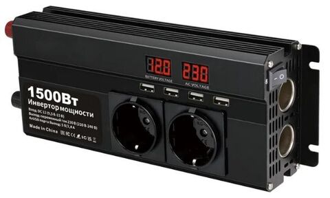 Lvyuan Автомобильный инвертор, преобразователь напряжения, 1500Вт, 12-220 В, с разъёмом 4USB, две розетки ЕС