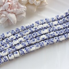 Бусина Кубик, керамика, белая с синей росписью, 8 мм, 1 нить, К092