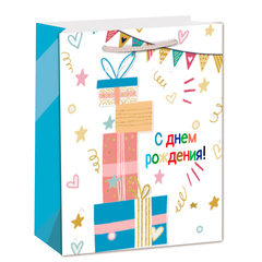 Пакет подарочный L вертикальный, С днем рождения, Подарки, конфетти, Белый, 31*42*12 см (Д*В*Ш)