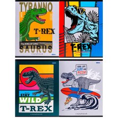 Тетрадь 96л., А5, клетка, Проф-Пресс "Клёвые тираннозавры", скрепка, мелованная обложка, 4 дизайна в коробе