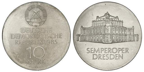 10 марок 1985 года Возобновление работы Семпер оперы в Дрездене  Германия. ГДР