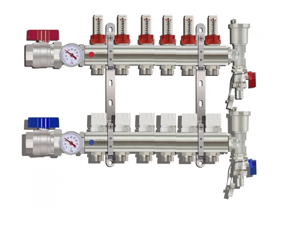 Коллектор для тёплого пола Тим на 6 выходов – купить недорого в  интернет-магазине Сантех-БРО | Цены на коллектор для тёплого пола с  расходомерами Tim 6 контуров