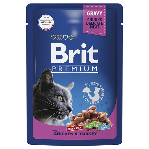 Влажный корм Brit Premium с цыпленком и индейкой кусочки в соусе, для взрослых кошек, 85 г.