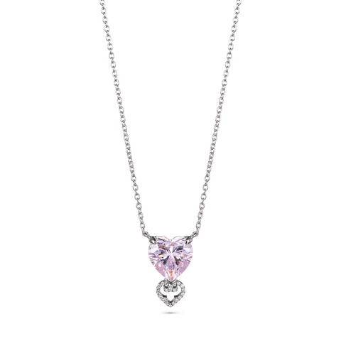 Pendant Two Hearts Pink Rhodium Cubic Zircons