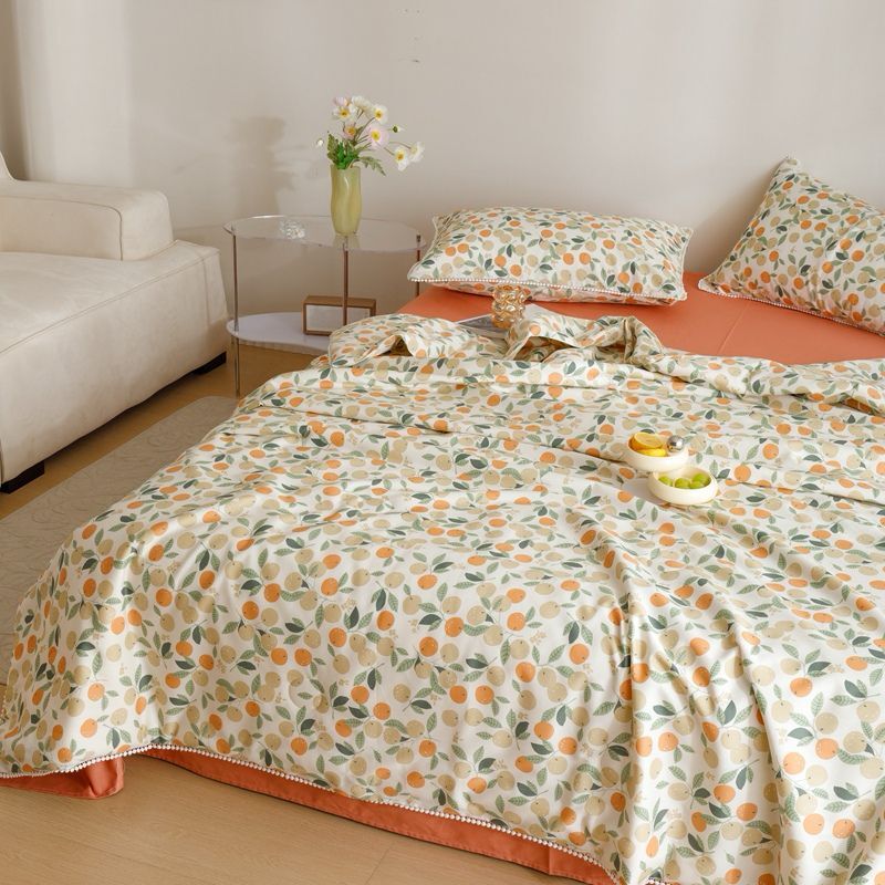 Комплект постельного белья Семейный (2 одеяла) Хлопок оранжевый мандарины