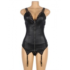 Кожаный бэби-долл на молнии с пажиками для чулок, 3XL