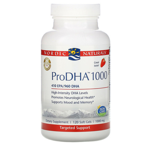 Nordic Naturals, ProDHA 1000, со вкусом клубники, 1000 мг, 120 мягких желатиновых капсул