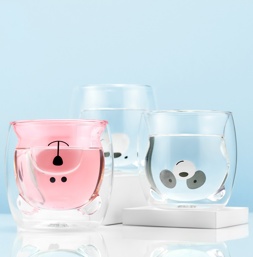 Кружки, стаканы двойные из стекла. Необжигающие чашки и пиалы. Стеклянные цветные стаканы с двойными стенками в форме мишки 3 штуки, 250 мл stakan-mishki-teastar2.PNG