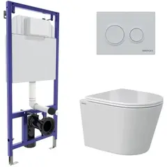 Berges 43379 Комплект : инсталляция NOVUM кнопка O1 белая, унитаз VITA Rimless 49 см, сиденье дюропласт микролифт, быстросъём фото