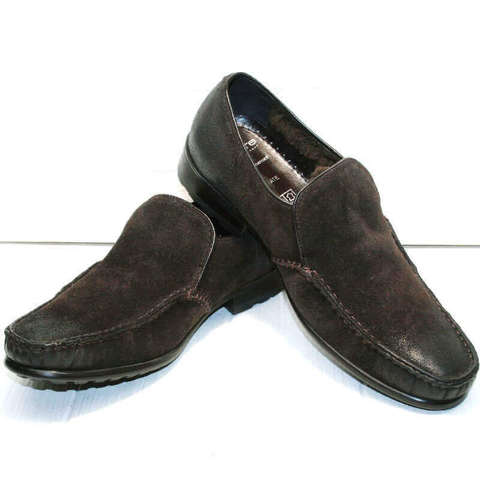 Мужские туфли мокасины с мехом Welfare 555841 Dark Brown Nubuk & Fur.
