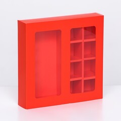 Коробка для 8 конфет + шоколад, с окном, КРАСНАЯ, 17,7 х 17,85 х 3,85 см