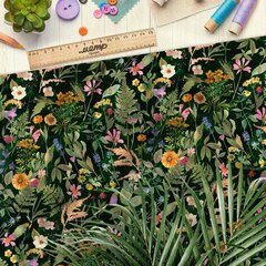 Ткань оксфорд 210 цветы, колосья и трава на чёрном фоне