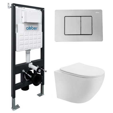 Abber AC1100T-AC0105-AC0120 Комплект подвесной унитаз Abber Bequem AC1100T белый с инсталляцией AC0105 и кнопкой AC0120 хром