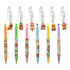 Ручка шариковая с текстовыделителем, автоматическая, Basir, синие чернила, серия "Капибара", с поворотным механизмом и брелоком