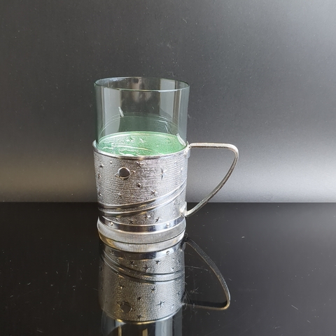 Подстаканник металлический "Космос" со стаканом из цветного зеленого стекла, винтаж СССР 1960-1990 гг
