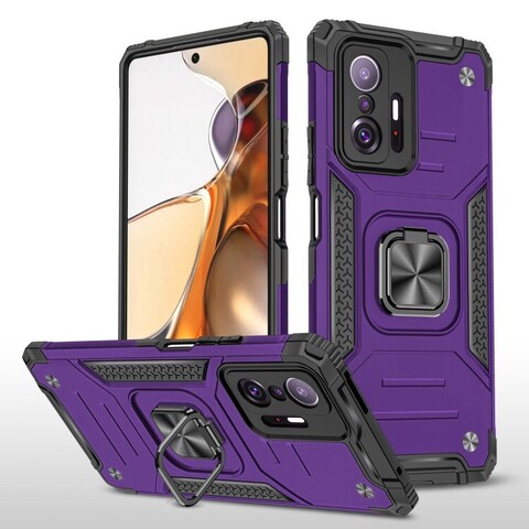 Противоударный чехол Strong Armour Case с кольцом для Xiaomi 11T, 11T Pro (Фиолетовый)