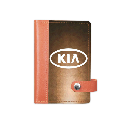 Обложка на автодокументы на кнопке комбинированная белая вставка "Логотип КИА", рыжая