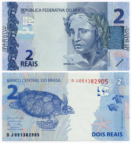 Банкнота Бразилия 2 реала 2010 год. UNC