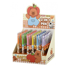 Ручка шариковая с текстовыделителем, автоматическая, Basir, синие чернила, серия "Капибара", с поворотным механизмом и брелоком