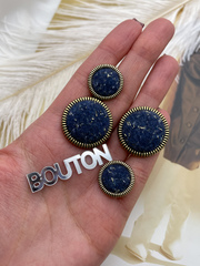 Пуговицы состаренное золото с синим твидом (тканевые) и золотистым люрексом