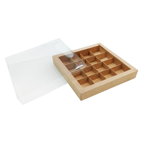 Коробка 16 конфет 20х20х3 см с пластиковой крышкой Крафт