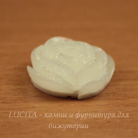 Кабошон акриловый "Роза", цвет - белый с блестками, 23х21 мм