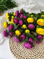 Камелии-розочки искусственные, Желтые и сиреневые, 36 см, около 60 бутонов в наборе, набор 4 букета.