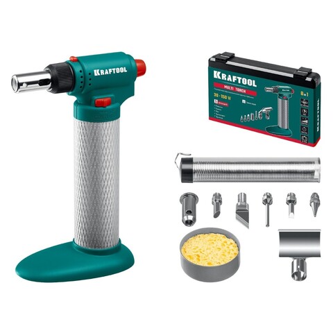 KRAFTOOL Multi torch, 30 - 150 Вт, 1300°С, набор 8 в 1: горелка, фен, пьезоподжиг, газовый паяльник (55506-H8)