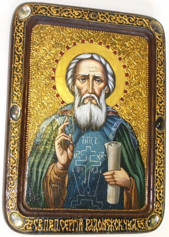 Инкрустированная живописная икона Преподобный Сергий Радонежский чудотворец 29х21см на натуральном кипарисе в подарочной коробке