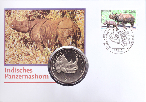 1 доллар. Берегите планету Земля - носорог. Эритрея. 1994 г. UNC. В конверте со спецгашением