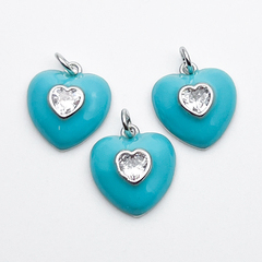 Подвеска Сердце, цвет серебро+мятный, фианит, размер 13*12 мм, цена за 1 шт