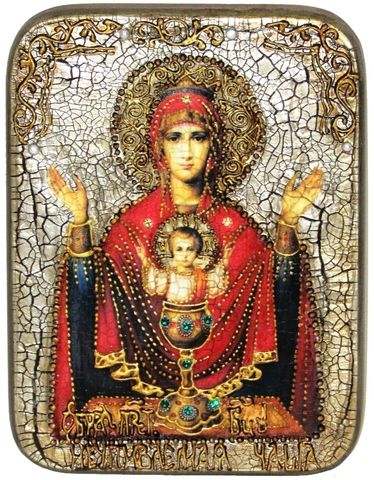 Инкрустированная икона Образ Божией Матери Неупиваемая чаша 20х15см на натуральном дереве в подарочной коробке