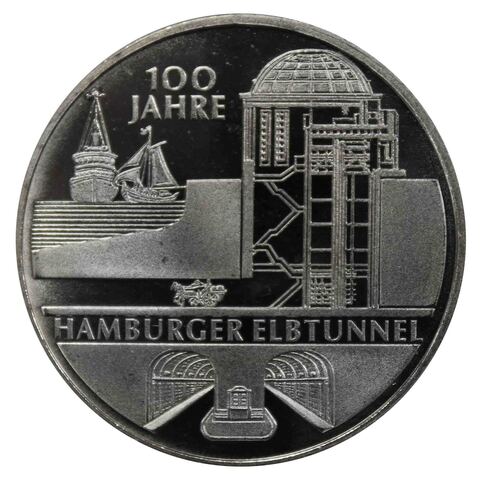 10 евро. 100 лет тоннелю в Гамбурге под Эльбой. 2011 год.