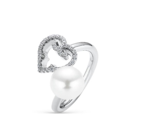 Heart and Pearl Ring,Rhodium, Cubic Zircons