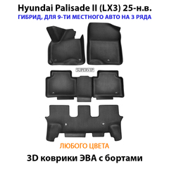 Автомобильные коврики ЭВА с бортами для Hyundai Palisade II (LX3) для 3-х рядов, гибрид, на 9-ти местное авто