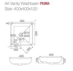 PU3700 Накладная раковина-чаша квадратная 400x400x120 с отв. под смеситель белая HDA057
