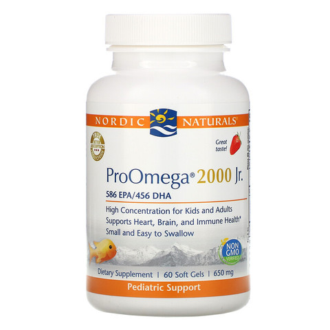 Nordic Naturals, Детская добавка ProOmega 2000, со вкусом клубники, 650 мг, 60 мягких желатиновых капсул