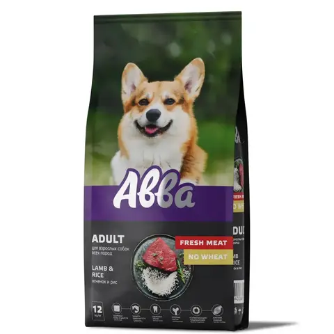 ABBA Fresh meat Корм сухой на основе свежего мяса для взрослых собак всех пород, с ягненком и рисом, 12 кг (Россия)