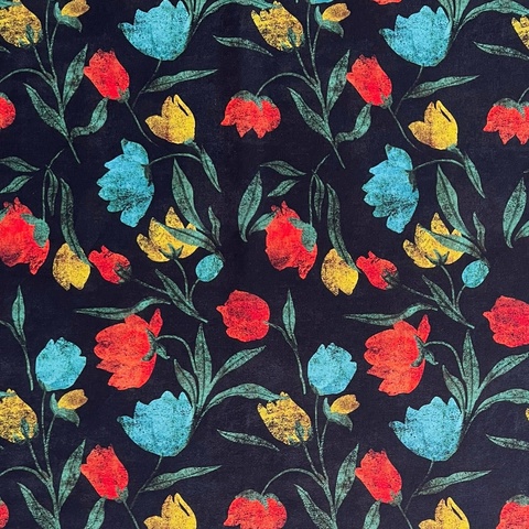 ЦВЕТОЧНОЕ ТРИО НА ТЕМНО-СИНЕМ - 100% хлопок