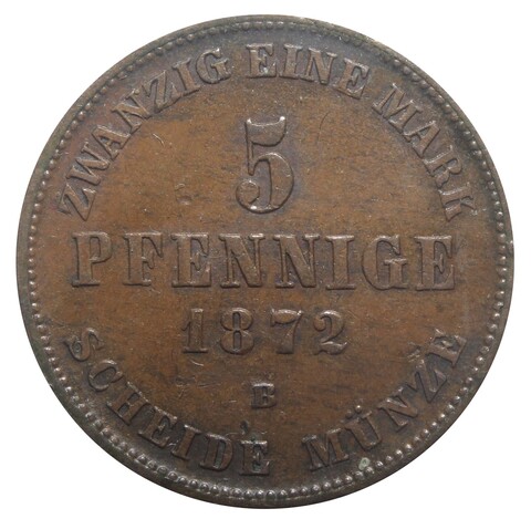5 пфеннигов. Мекленбург-шверин. Германия. 1872 год XF+
