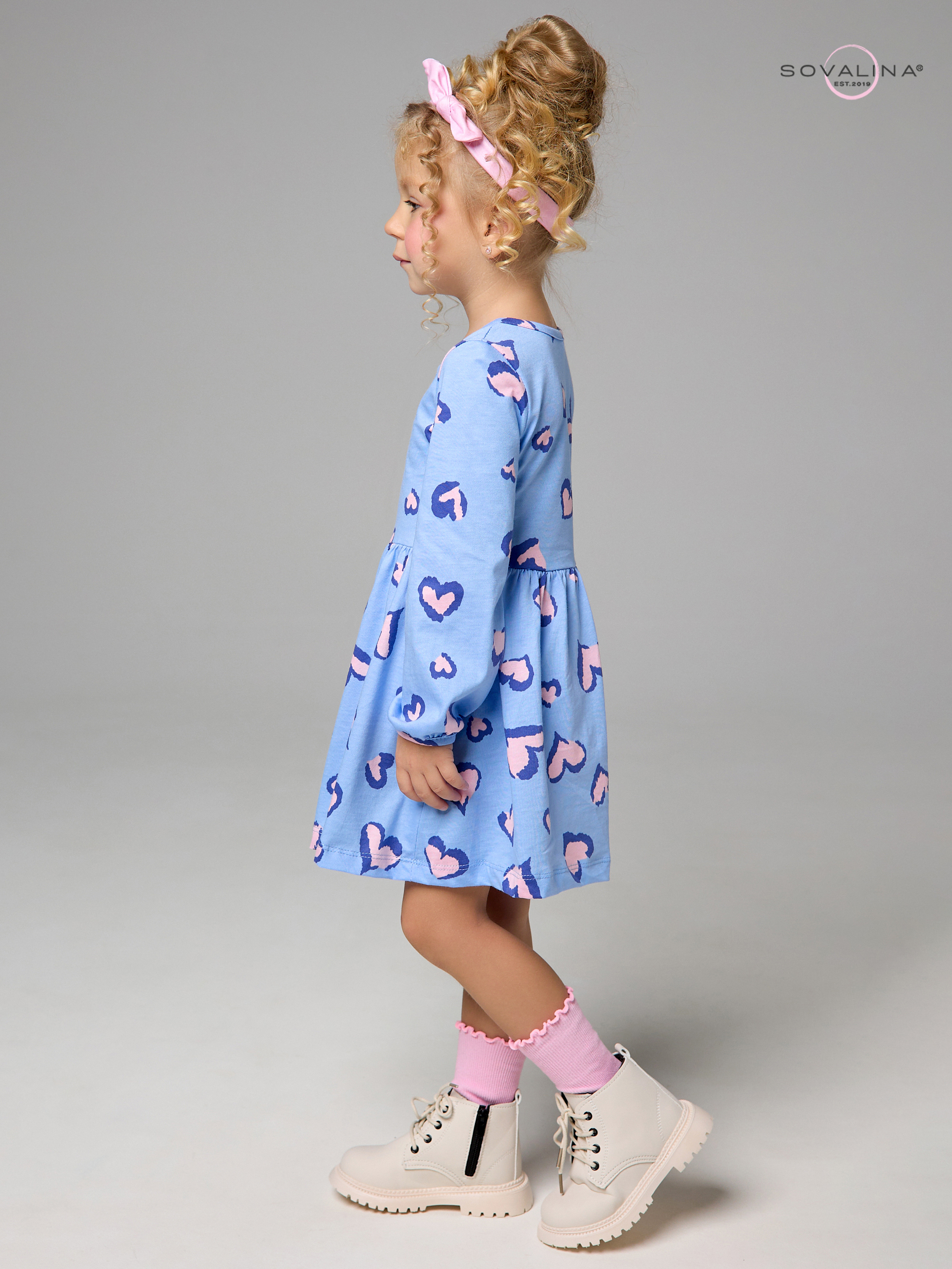 Платье Моана розовые сердечки на голубом