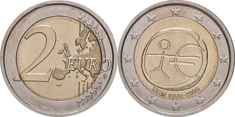 Комплект/набор из 16 монет 2 евро 2009 10 лет Экономическому валютному союзу. UNC