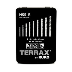 Набор сверл по металлу 1-10мм 19шт DIN338 HSS-R 118° (мет. кейс) Terrax by Ruko A205210