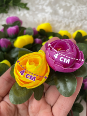 Камелии-розочки искусственные, Желтые и сиреневые, 36 см, около 60 бутонов в наборе, набор 4 букета.