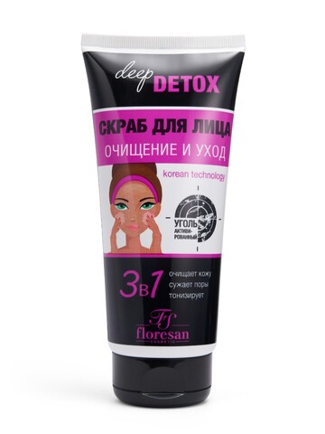 Floresan DEEP DETOX Скраб для лица с активированным углем,очищение и уход, 150мл