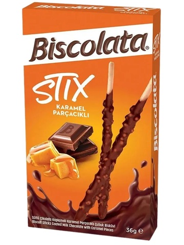 Палочки бисквитные Biscolata в молочном шоколаде с кусочками карамели , 36 г
