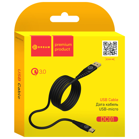 Кабель USB - microUSB 1м QC3.0 Dream (черный)