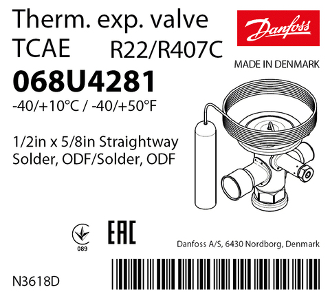 Корпус клапана Danfoss TCAE 068U4281 (R22/R407C, без МОР) с термочувствительным элементом